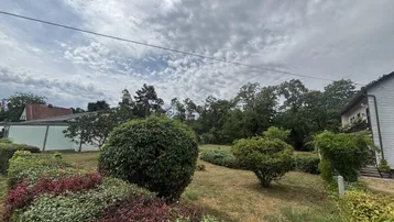 Gepflegter Gartenbereich mit verschiedenen Sträuchern und Bäumen unter bewölktem Himmel.
