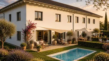 Elegantes Haus mit großem Garten, Pool und möblierter Terrasse unter einem Sonnensegel.