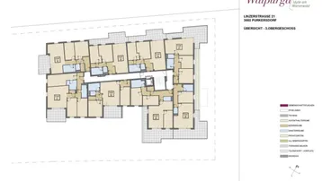 Übersichts-Grundriss des 3. Obergeschosses mit mehreren Wohneinheiten und Balkonen.