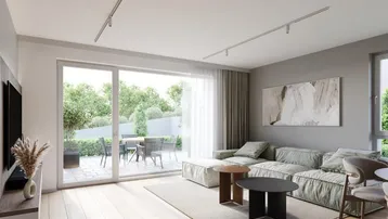 Helles Wohnzimmer mit modernem Sofa, Holzboden und direktem Zugang zur Außenterrasse.