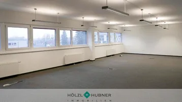 Geräumiges, leeres Büro mit Teppichboden, vielen Fenstern und Deckenleuchten, bereit zur individuellen Gestaltung.