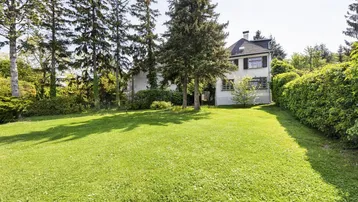 Großzügiger Gartenbereich mit weitläufiger Rasenfläche und altem Baumbestand vor dem Haus.