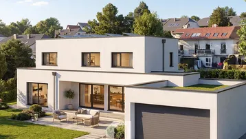 Modernes Einfamilienhaus mit Flachdach, Terrasse und Gartenbereich in einer ruhigen Wohngegend.