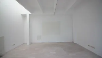 Leerer Raum mit hohen Decken, sichtbaren Balken und hellem Holzboden, ideal für ein Büro oder Studio.