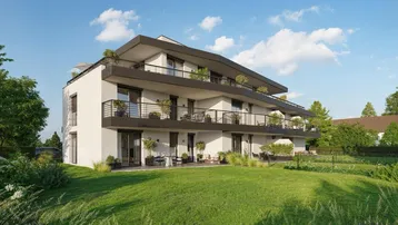 Moderne Wohnanlage mit Balkonen und Grünflächen in einer ruhigen Umgebung, umgeben von Natur.