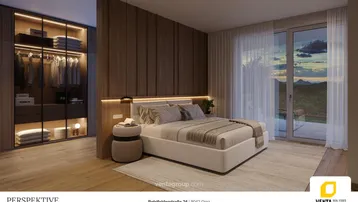 Modernes Schlafzimmer mit Holzwand, integriertem Kleiderschrank und Zugang zum Außenbereich.