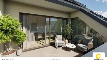 Gemütlicher Balkon mit Sitzgelegenheiten, Pflanzen und Blick auf die Umgebung.