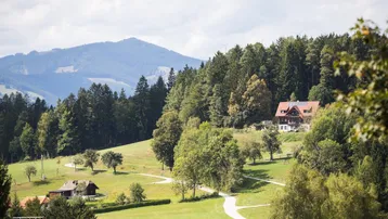 Malerische Landschaft mit Häusern, Wäldern und Bergen im Hintergrund unter bewölktem Himmel.