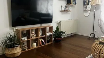 Helles Wohnzimmer mit dunklem Holzboden, großem Fernseher und dekorativen Regalen.