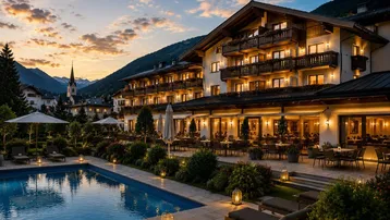 Abendliche Ansicht eines luxuriösen Hotels mit beleuchtetem Poolbereich und Terrasse vor einer malerischen Bergkulisse.