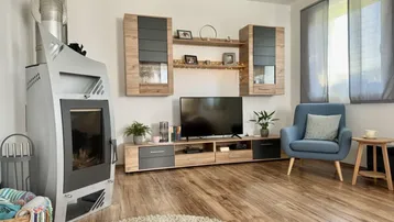 Gemütliches Wohnzimmer mit modernem Kaminofen, Holzboden und Blick ins Grüne.