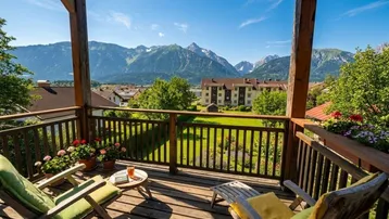 Geräumiger Balkon mit Holzboden, bequemen Liegestühlen und atemberaubendem Bergblick.