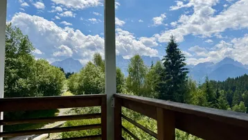 Balkon mit atemberaubendem Blick auf die umliegende Berglandschaft und grüne Wälder.