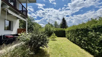 Gepflegter Gartenbereich mit Rasenfläche, hohen Hecken und einer kleinen Terrasse am Haus.