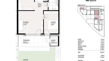 Grundriss für TOP 10 in Haus B mit Wohnzimmer, Schlafzimmer, Küche, Bad, Terrasse und Garten.