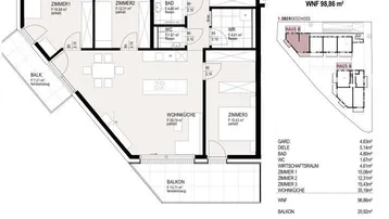Detaillierter Grundriss von TOP 17 mit drei Zimmern, offener Wohnküche und Balkon.