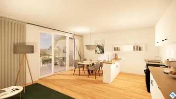 Moderne Wohnküche mit Kücheninsel, Essbereich und Zugang zu einer Terrasse.