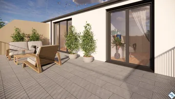 Geräumige Dachterrasse mit modernen Gartenmöbeln, Fliesenboden und Zugang zu den Innenräumen.