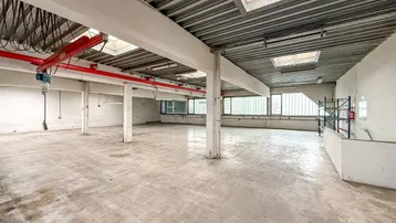 Geräumige Industriehalle mit Betonboden, hohen Decken, Oberlichtern und einem roten Kranbahnsystem.