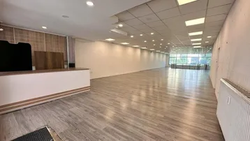 Geräumiger, leerstehender Ladenbereich mit modernem Laminatboden und abgehängter Decke, bereit für die Neugestaltung.