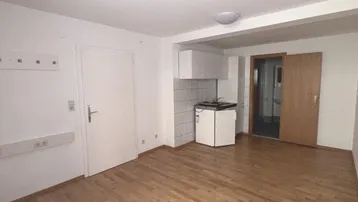 Heller Wohnraum mit Parkettboden und integrierter Kochnische, ideal für ein Studio-Apartment.
