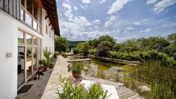 Große Terrasse am Haus mit Naturteich und üppiger Bepflanzung unter blauem Himmel.