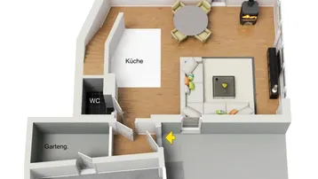 3D-Grundriss des Erdgeschosses mit offener Küche, Wohnbereich und integrierter Garage.