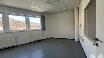 Helles, leeres Büro mit großen Fenstern, die einen weiten Blick ins Grüne bieten und viel Tageslicht hereinlassen.