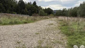 Ungenutztes Grundstück mit Schotterweg und hohem Gras, umgeben von Bäumen unter bewölktem Himmel.