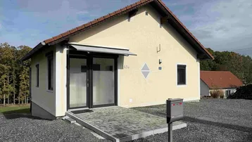 Vorderansicht eines modernen Einfamilienhauses mit gepflastertem Eingangsbereich und Kiesauffahrt.
