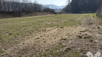 Weitläufiges grünes Feld mit Bäumen und Hügeln im Hintergrund unter blauem Himmel.