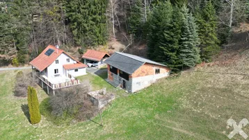 Luftaufnahme des Anwesens mit zwei Gebäuden, umgeben von grünen Wiesen und Wald.