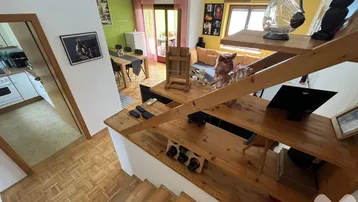 Blick von der Treppe in den offenen Wohn- und Essbereich mit farbigen Wänden und Holzboden.