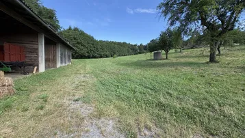 Weitläufiges Feld mit Scheune und Bäumen unter klarem blauem Himmel, ideal für ländliches Wohnen.