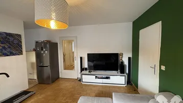 Wohnzimmer mit Sofa, Fernseher und einem Kühlschrank im Hintergrund, akzentuiert durch eine grüne Wand.