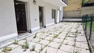 Ungepflegte Terrasse mit Betonplatten und Unkraut, direkt am Gebäude gelegen.