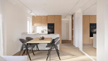 Moderne Wohnküche mit Holzelementen, integrierten Geräten und Essbereich am Marmortresen.