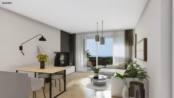 Modernes Wohn- und Esszimmer mit hellem Parkettboden und Zugang zu einem Außenbereich.