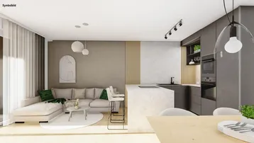 Moderne offene Wohnküche mit integriertem Essbereich, bequemer Couch und stilvoller Beleuchtung.