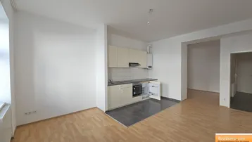 Kleine Küchenzeile in einem offenen Raum mit hellem Laminatboden und Fliesenbereich.