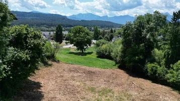 Ein geräumiges, teilweise gerodetes Grundstück umgeben von Bäumen mit Blick auf die fernen Berge.
