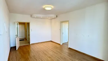 Helles, leeres Wohnzimmer mit Laminatboden und Zugang zu weiteren Räumen.