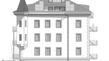 Architektonische Ansicht der Westfassade des Gebäudes mit Balkonen und Dachgauben.