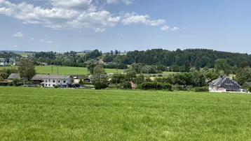 Weitläufige grüne Landschaft mit vereinzelten Häusern und bewaldeten Hügeln unter blauem Himmel.
