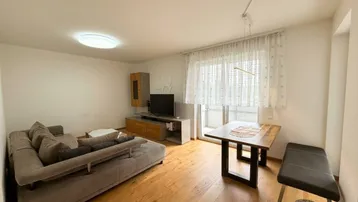 Heller Wohn- und Essbereich mit modernem Sofa, Holzboden und Zugang zu einem Balkon.