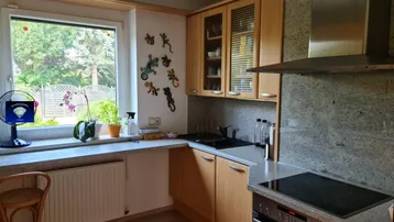 Helle Küche mit Holzfronten, Granitarbeitsplatte und Blick ins Grüne.