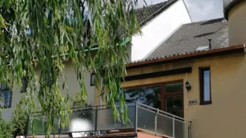 Gebäudeansicht mit einem Balkon, der von einem Baum teilweise verdeckt wird und eine grüne Aussicht bietet.