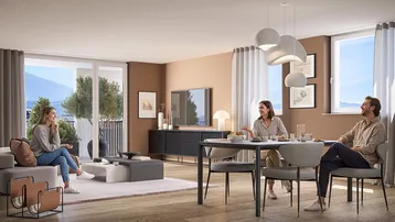 Heller Wohn-Essbereich mit großen Fenstern, modernem Mobiliar und Bergblick.