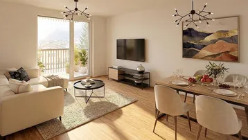 Heller Wohn- und Essbereich mit Holzboden, modernem Dekor und Zugang zum Balkon.
