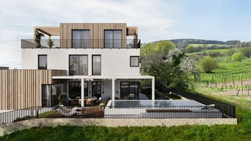 Modernes Gebäude mit Poolbereich und atemberaubendem Blick auf die umliegenden Weinberge und grüne Hügel.